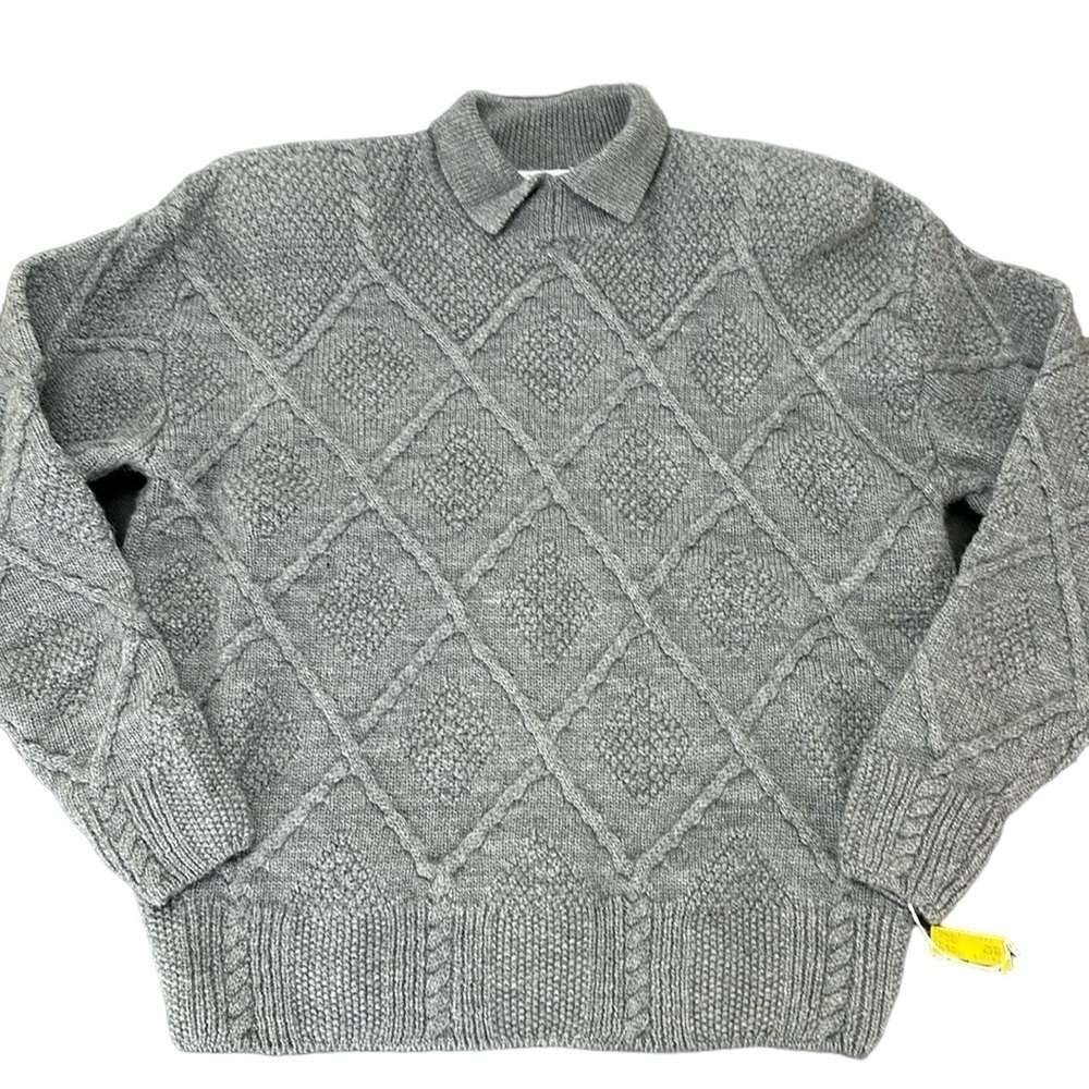 Vintage Gray 100% Pure New Wool Cable Knit Sweater L Fold Over Collar Preppy